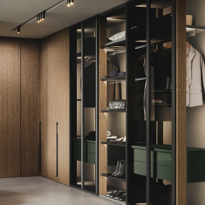 Evans Wardrobe walk-in with wood, glass, and integrated lighting