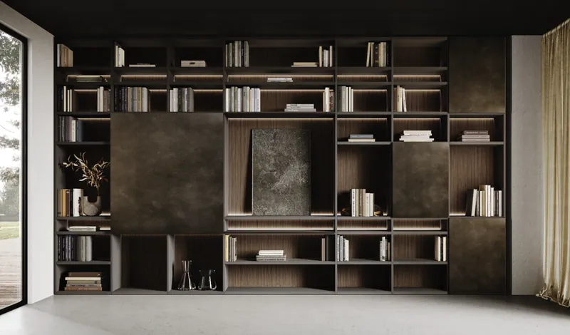 Living in Jazz floor-to-ceiling wall unit with shelves, integrated lighting, and textured panels