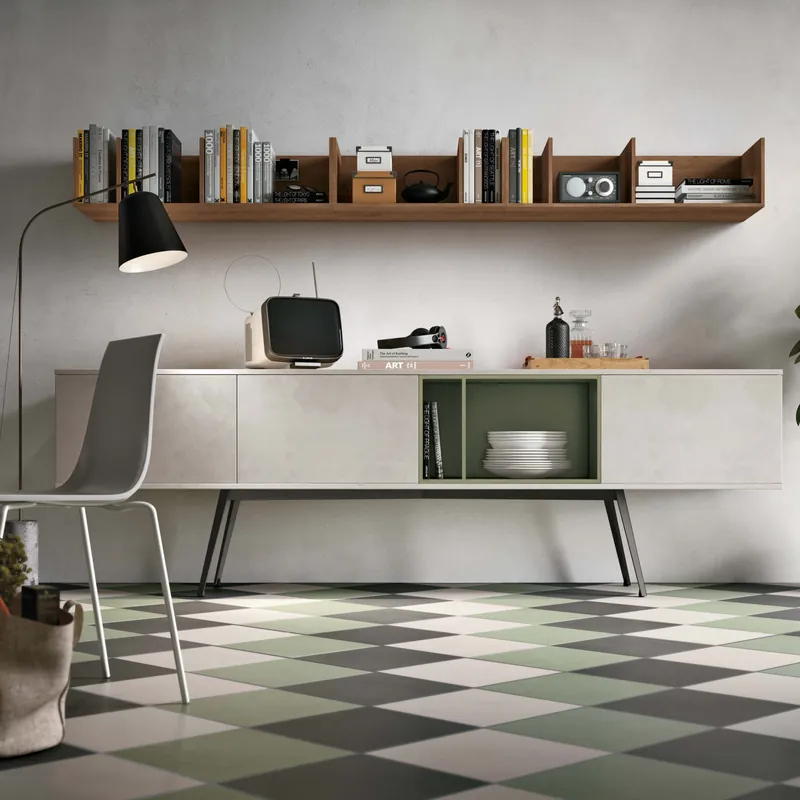 Living area open shelving and wall composition