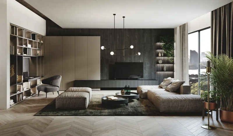 Living in Jazz living area with fluted media console, wood media wall, and integrated storage